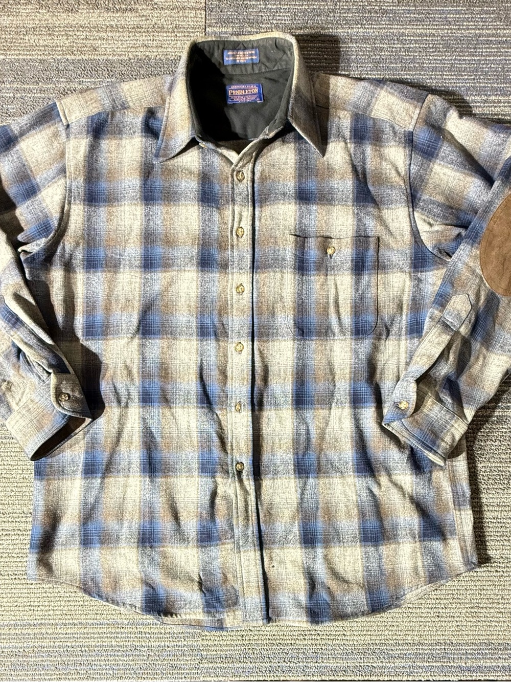 Pendleton Blue and Beige Plaid Button-Down Shirt with Suede Elbow Patches